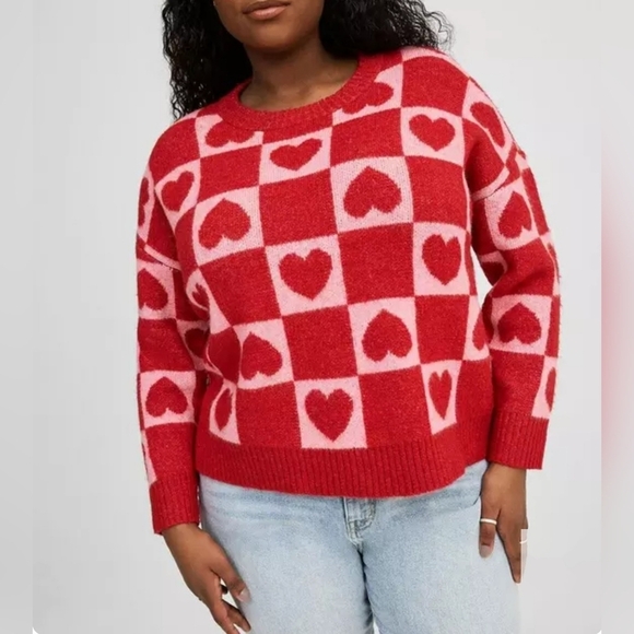 TORRID Vegan Cashmere Pullover SweaterJoy Hearts Wild Rose Red & Pink 1X - Picture 1 of 10